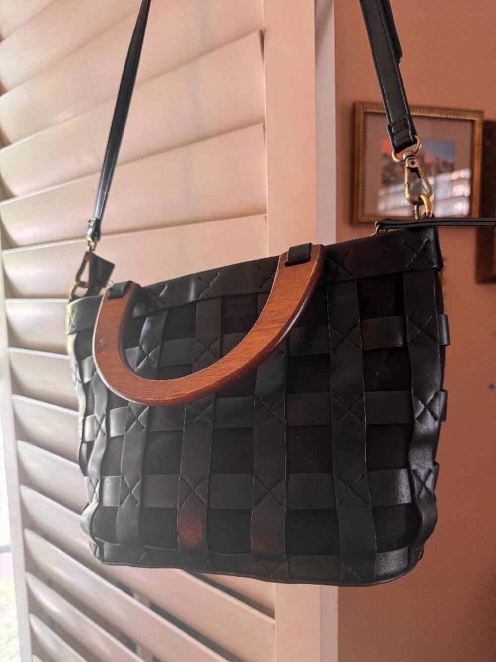 By Anthropologie Woven Leather Tote Bag Wood Handles Black